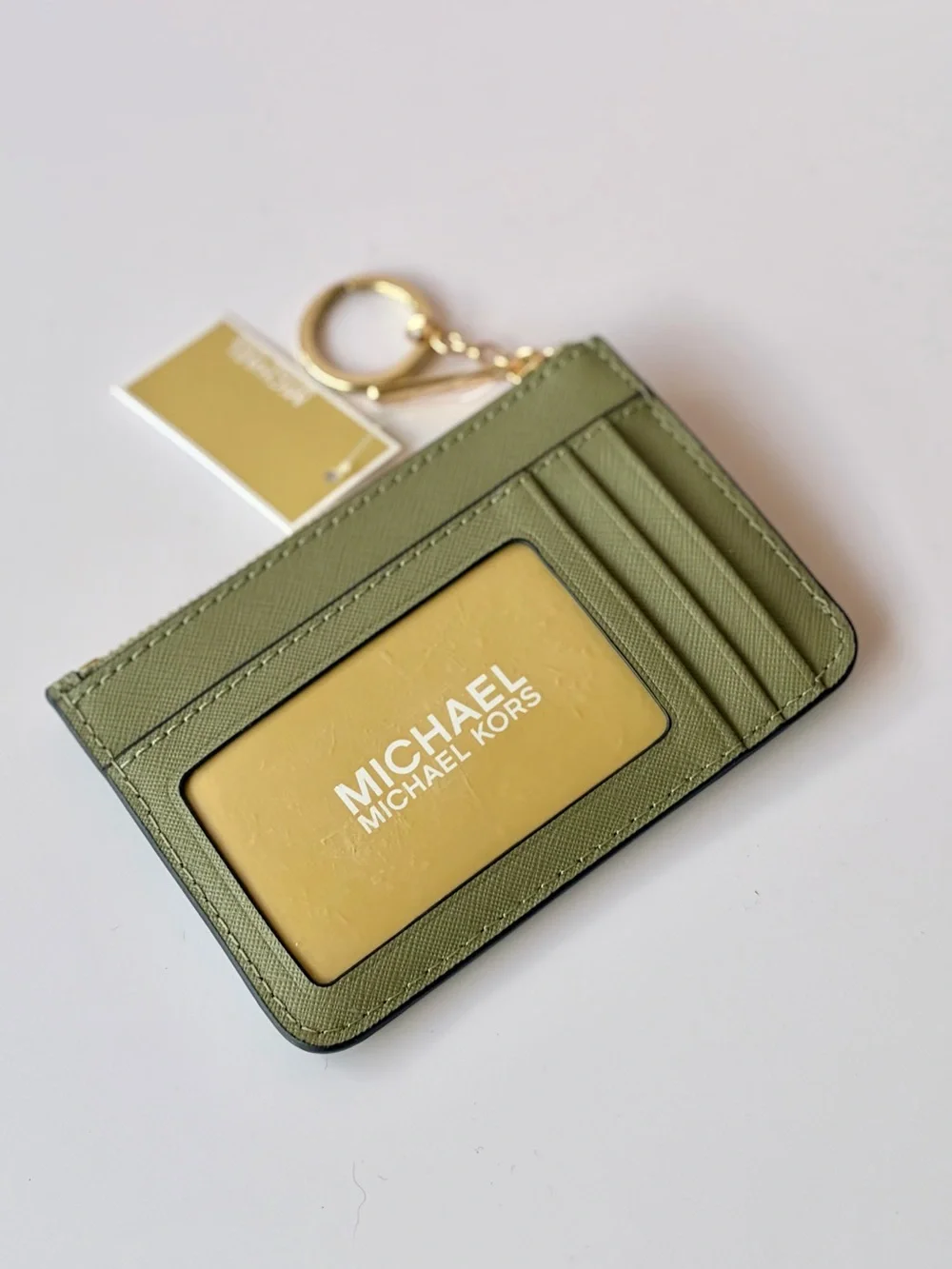 Michael Kors Olive Green Saffiano Cardholder Small Wallet with Gold Keyring